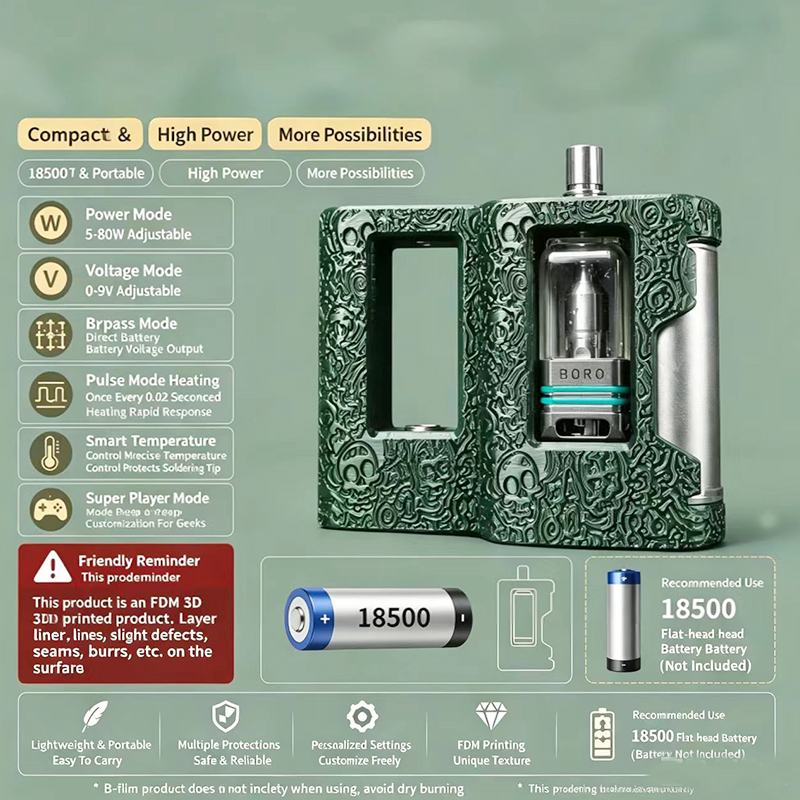 VAFFLEE YFTK 3D Printing boro Box Mod 5-80w Chipset 18500 Temperature control voltage mode DIY heating tool